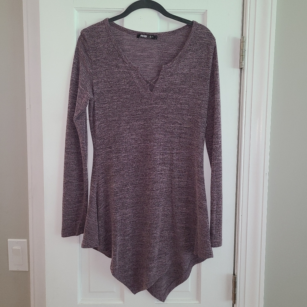 💜 NWOT Purple Tunic Top Handkerchief Hem Long Sleeve Medium Fall Witchy Boho